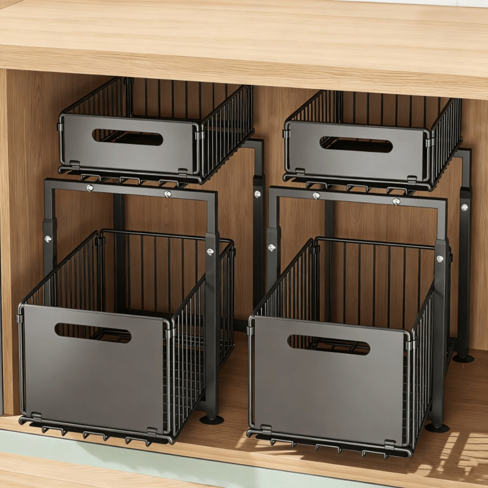 Two-Tier Under-Sink Cabinet Organizer with Sliding Metal Baskets in One- or Two-Piece Options