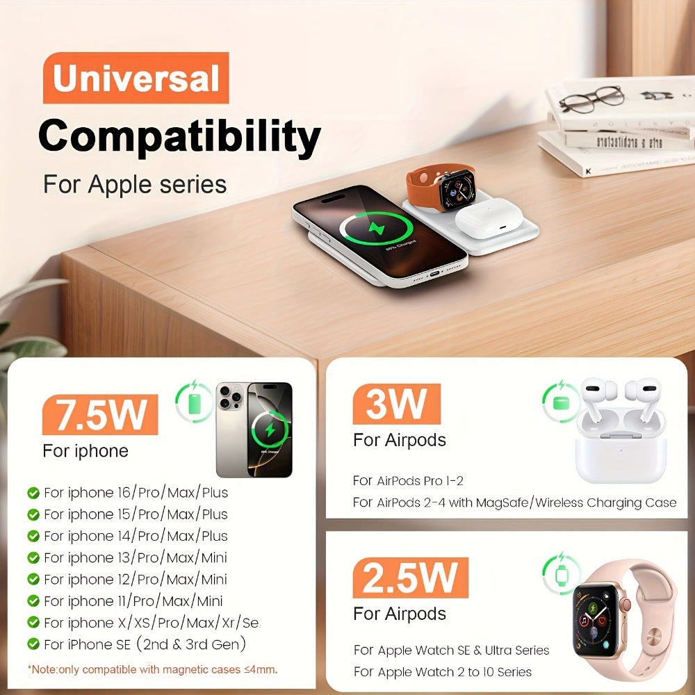 Foldable Three-Device Wireless Charging Station for Phone, Watch and Earbuds with Magnetic Supports
