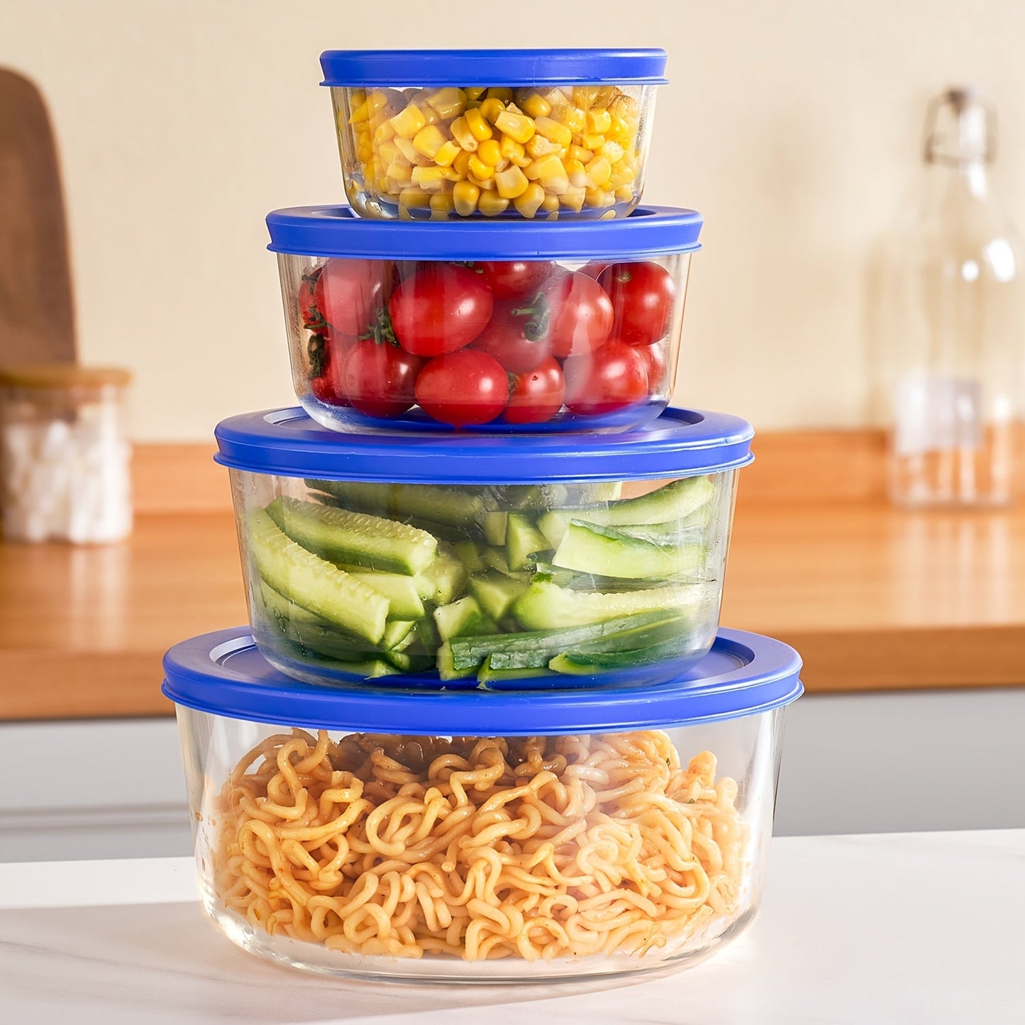 Four-Piece Glass Food Storage Bowl Set with Blue Lids in 1-, 2-, 4- and 7-Cup Sizes for Home and Everyday Use