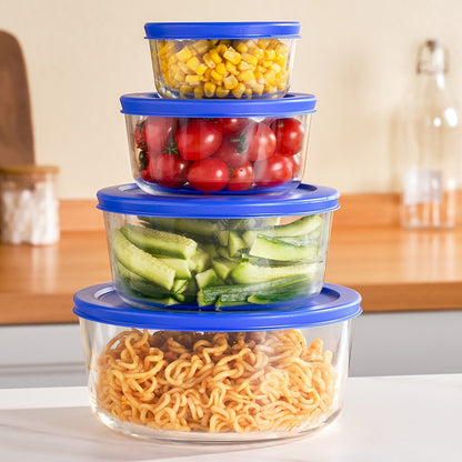 Four-Piece Glass Food Storage Bowl Set with Blue Lids in 1-, 2-, 4- and 7-Cup Sizes for Home and Everyday Use