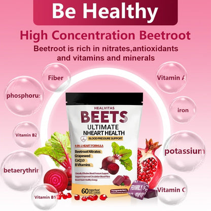 Beetroot Chewable Tablets with Natural Nitrates & Concentrated Beet Root Extract - Supports Circulatory System, Nitric Oxide Production & Cardiovascular Health - Dietary Supplement