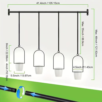 Adjustable Black Metal Hanging Plant Rack with Four Pot Holders for Wall or Window Display