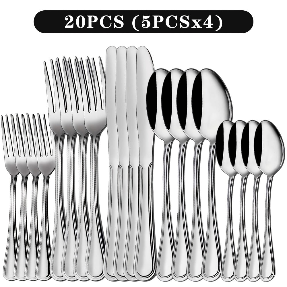 Stainless Steel Flatware Cutlery Set – Mirror Polished, Dishwasher Safe, Silver & Black Options, Service for 4 / 8 / 12 – Kitchen Utensil Set for Home, Restaurant & Wedding Gift