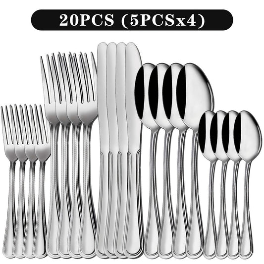 Stainless Steel Flatware Cutlery Set – Mirror Polished, Dishwasher Safe, Silver & Black Options, Service for 4 / 8 / 12 – Kitchen Utensil Set for Home, Restaurant & Wedding Gift