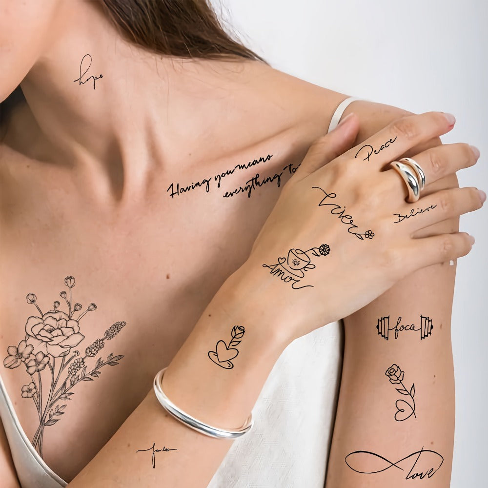 Temporary Tattoos, 30-Sheet Floral and Letter Set with Black Linework Designs for Face, Neck, Arm and Wrist