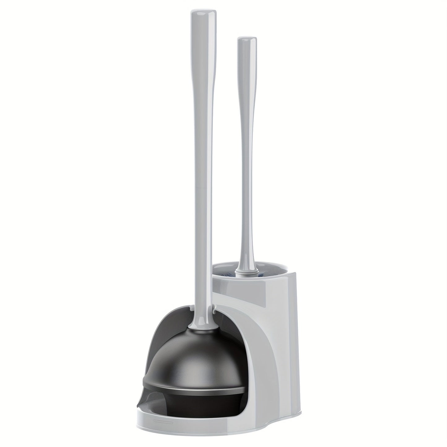 Toilet Plunger and Bowl Brush Combo with Separate Holders and Compact Gray Bathroom Storage Design