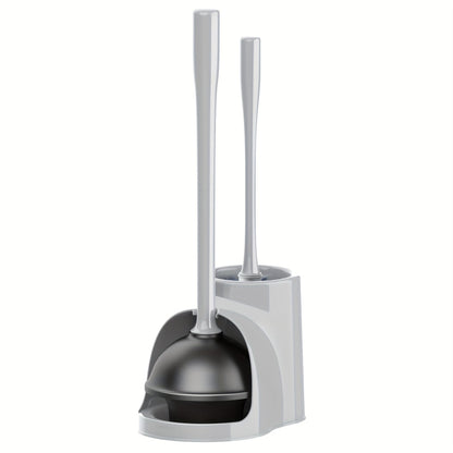 Toilet Plunger and Bowl Brush Combo with Separate Holders and Compact Gray Bathroom Storage Design