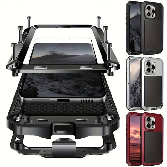 Heavy Duty iPhone Case Metal Frame Built-in Glass Screen Protector Dustproof Shockproof Full Body for iPhone 16 Pro 16 Plus 16 15 Pro Max 15 Pro 15 Plus 14 Pro 13 Pro Max 13 12 11 – Military Grade