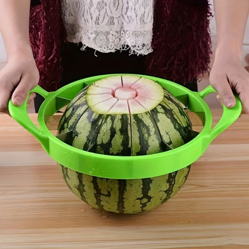 Round Watermelon Slicer Tool with Dual Green Handles, Central Coring Ring and Radial Metal Cutters