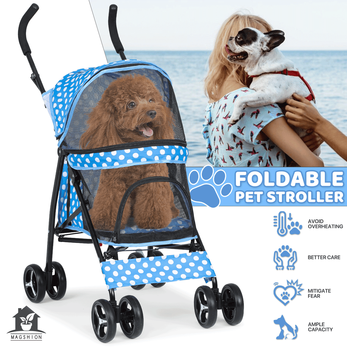 Four-Wheel Pet Stroller with Mesh Cabin, Folding Frame, Lower Basket and Ten Color or Print Options