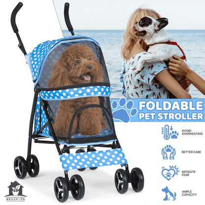 Four-Wheel Pet Stroller with Mesh Cabin, Folding Frame, Lower Basket and Ten Color or Print Options