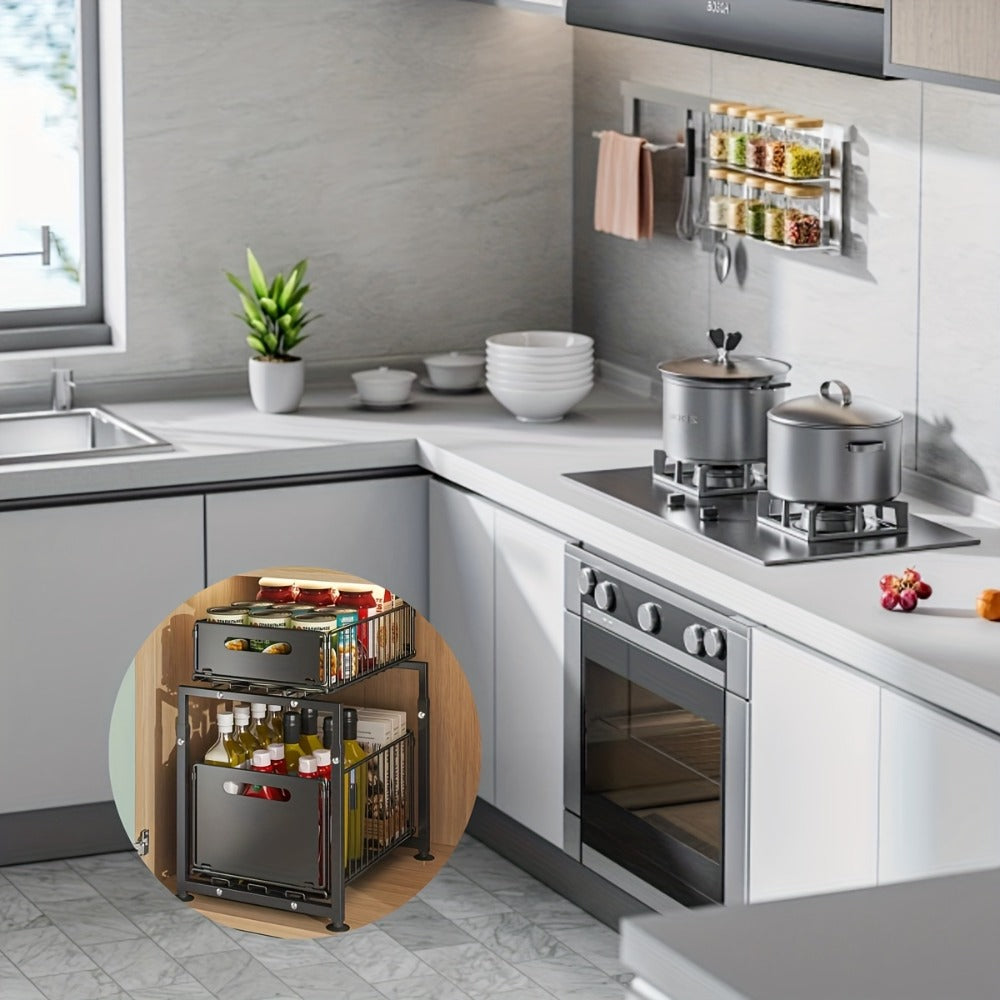 Two-Tier Under-Sink Cabinet Organizer with Sliding Metal Baskets in One- or Two-Piece Options