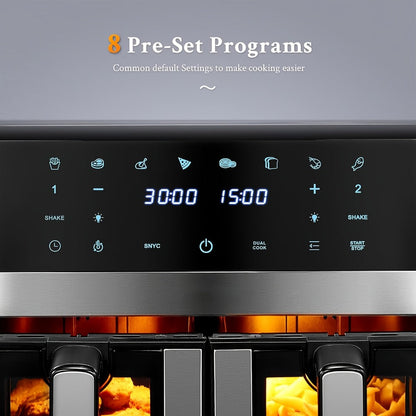 9.5Qt Dual-Basket Air Fryer with Two 4.75Qt Cooking Zones, Touch Controls and Eight Preset Icons