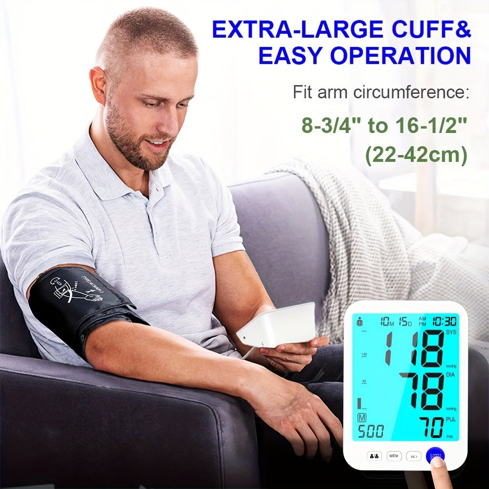 Blood Pressure Monitor Upper-Arm Device with 22-42 cm Cuff, Large Backlit Display, Dual-User Memory and Two Power Options