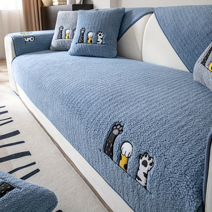 Sofa Cover, Sherpa Plush Cat-Paw Embroidered Seat Pad with Non-Slip Backing in Four Colors and Seven Sizes