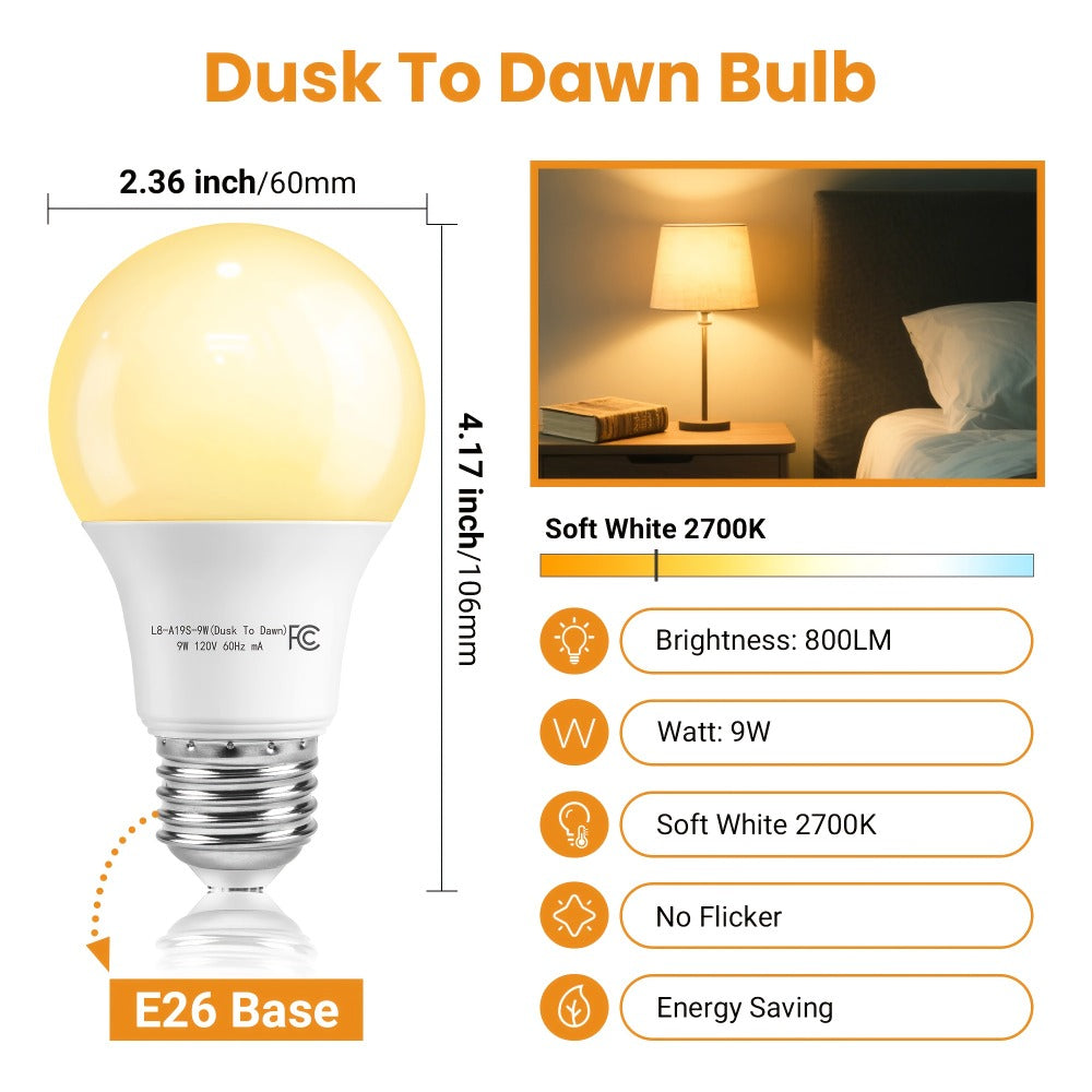 Dusk-to-Dawn A19 LED Sensor Bulbs, 9 W and 800 Lumens with E26 Base in 2700 K or 5000 K, Six-Pack