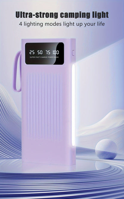 Power Bank 10000-30000mAh with 15W Charging, Four-in-One Cable and Four-Mode Camping Light