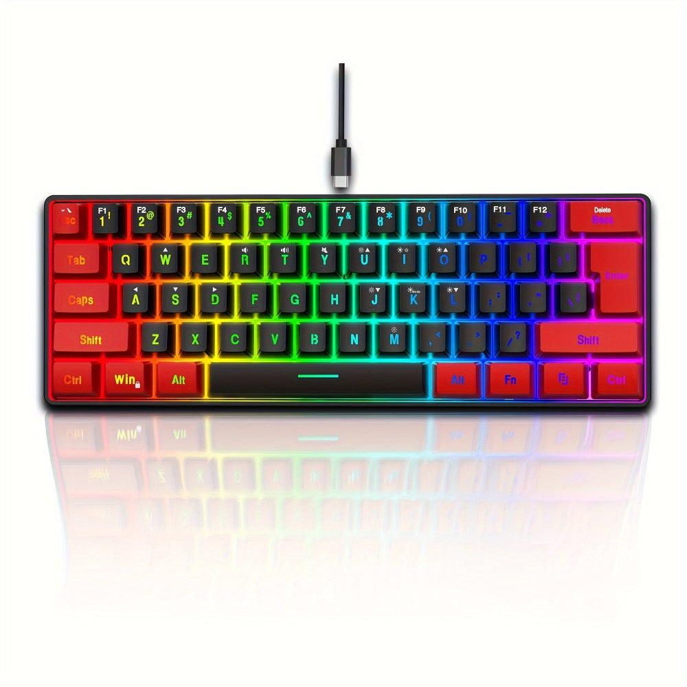 60% Compact Wired Gaming Keyboard RGB Backlit Membrane Ultra-Mini 61 Keys for PC Gamers Laptop Desktop Windows Mac – SNPURDIRI Red and Black Small Gaming Keyboard with Anti-Ghosting