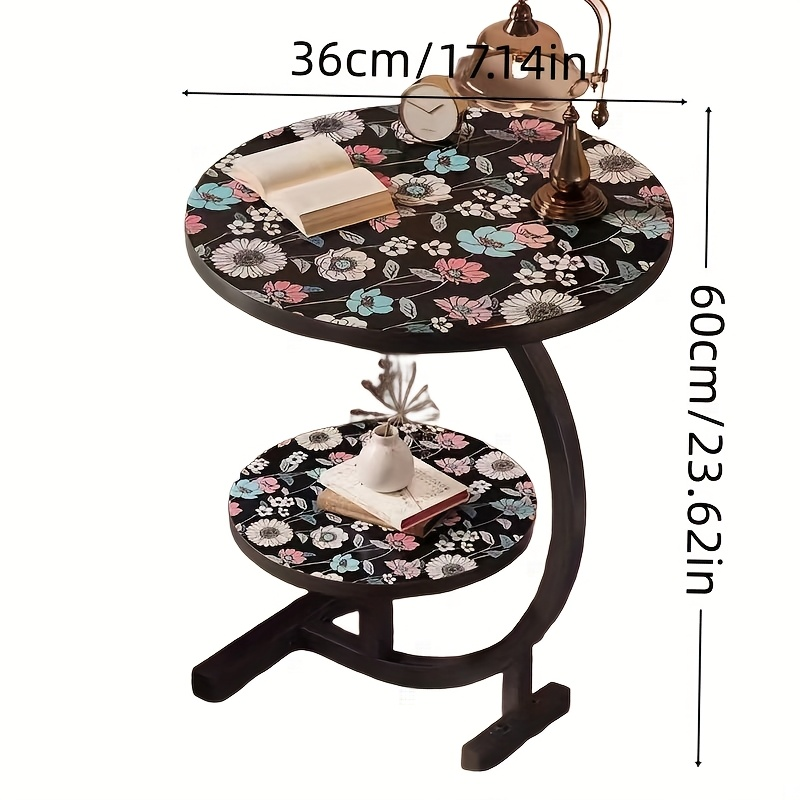 Side Table Round Floral Mandala Printed Top with Metal Frame for Indoor or Outdoor Accent Placement