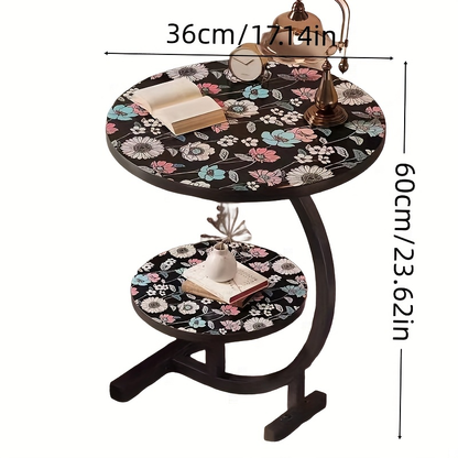 Side Table Round Floral Mandala Printed Top with Metal Frame for Indoor or Outdoor Accent Placement