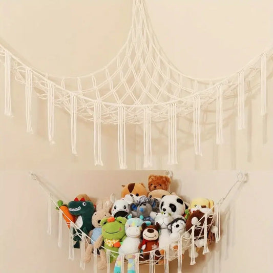 Stuffed Animal Storage Hammock with Lights Corner Hanging Toy Net Organizer for Nursery Bedroom Kids Room Decor Plush Toy Holder Christmas Halloween Easter Gift