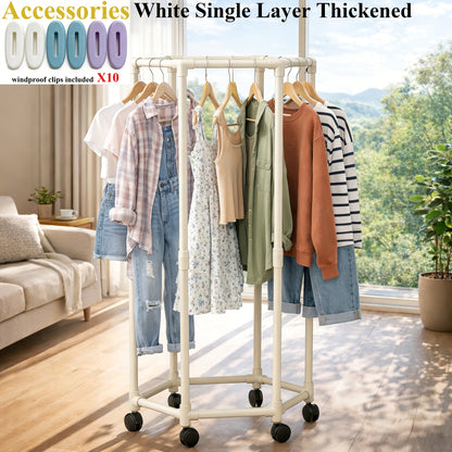 Rolling Hexagon Clothes Drying Rack 1 or 2 Layer, Sturdy Metal Floor Stand with Wheels, Multi-Bar & 10 Clips