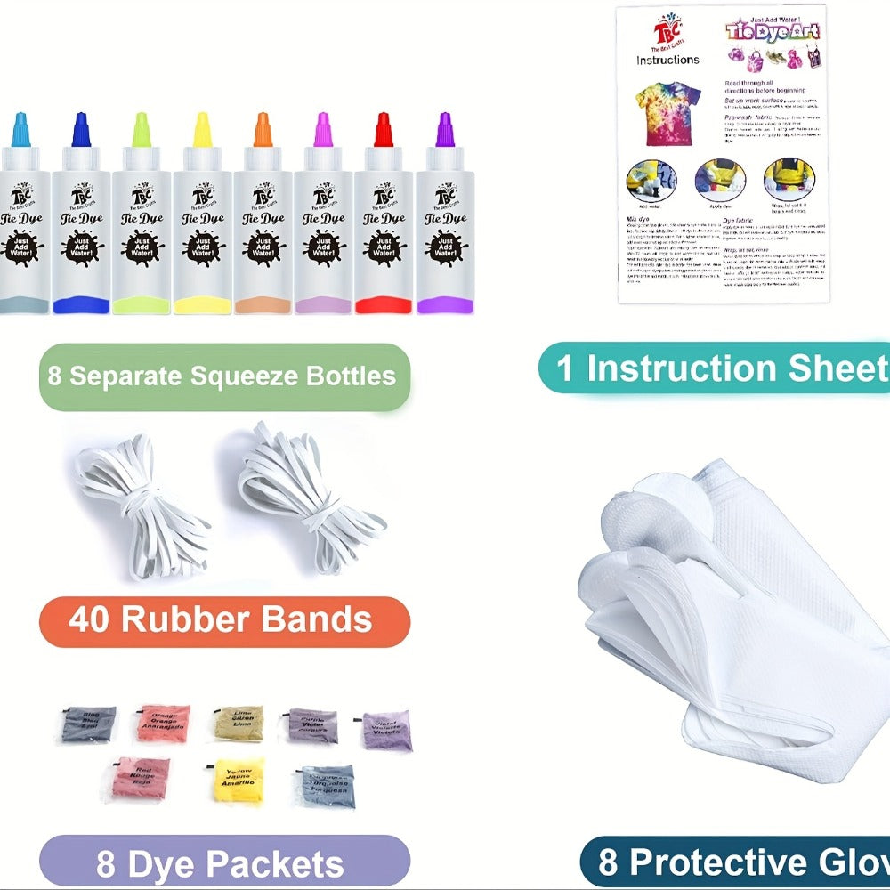 Tie-Dye Craft Kit with Eight Squeeze Bottles, Dye Packets, 40 Rubber Bands, Gloves and Instruction Sheet