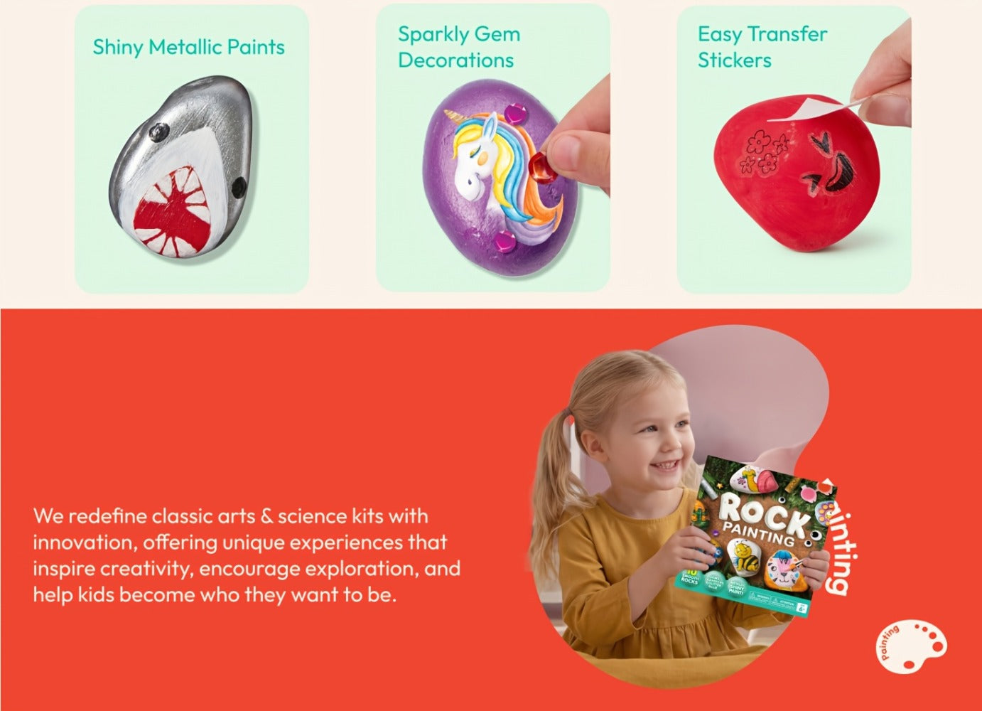 Rock Painting Craft Kit with 10 Stones, 16 Paint Colors, Brushes, Gems, Glitter and Stickers