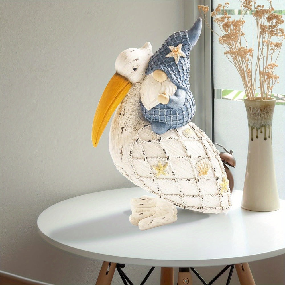 Pelican Gnome Figurine 11.5" – Resin Coastal Beach Decor with Starfish & Seashell, Tabletop Statue for Home, Garden & Poolside – Summer Gift & Nautical Decor