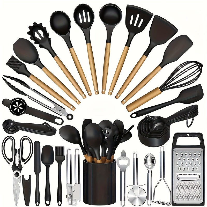 35- or 36-Piece Silicone Kitchen Utensil Set with Holder in Black, Pink or Red, with Optional Glass Cup