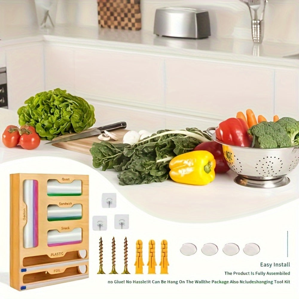 Foil and Bag Dispenser Kitchen Organizer 6-in-1 Bamboo Drawer Box with Built-In Cutter for Home Storage