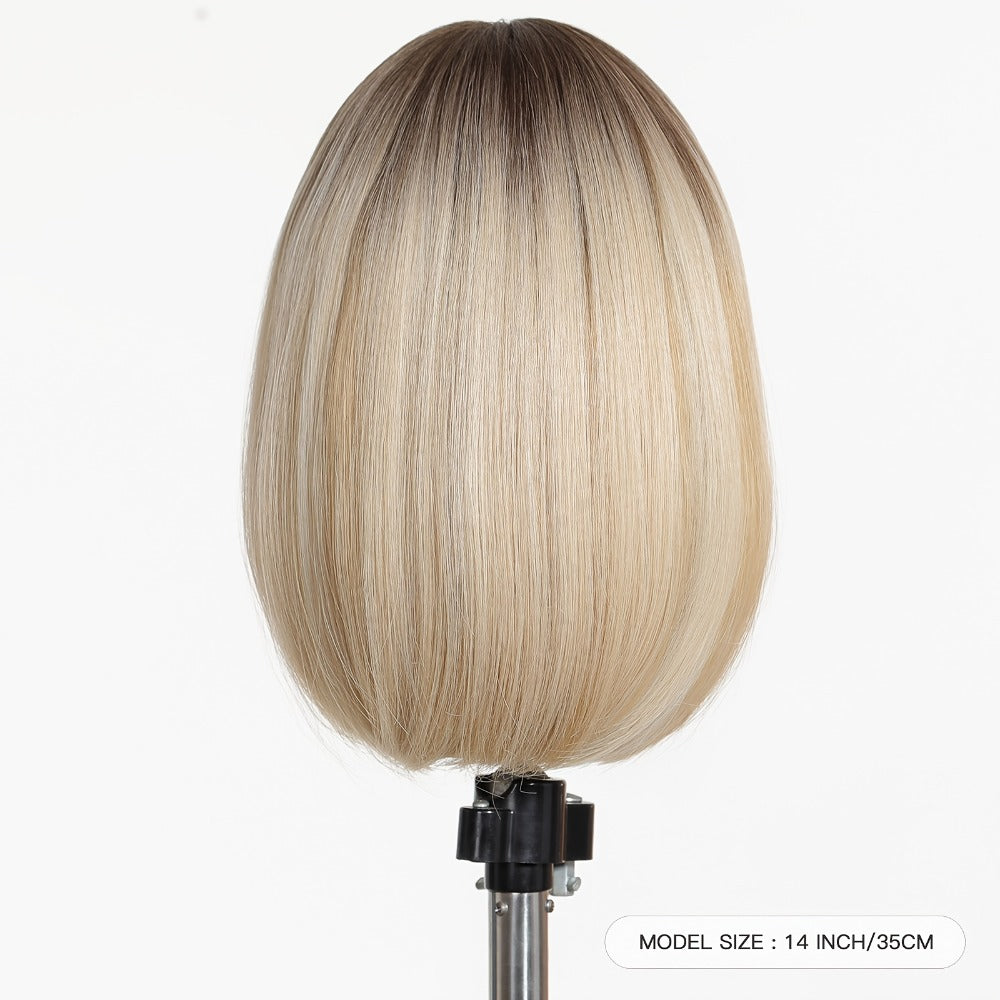 Synthetic Wig 14-Inch White Golden Straight Style with Full Bangs and Glueless Rose Net Cap