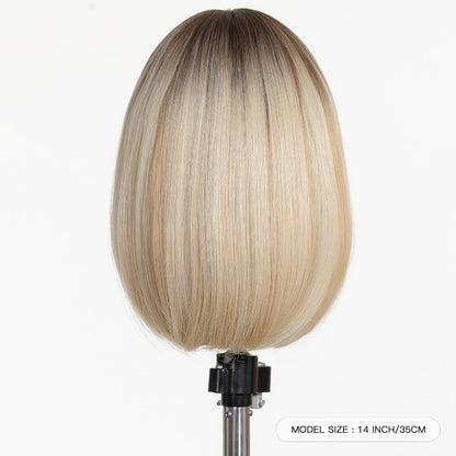 Synthetic Wig 14-Inch White Golden Straight Style with Full Bangs and Glueless Rose Net Cap