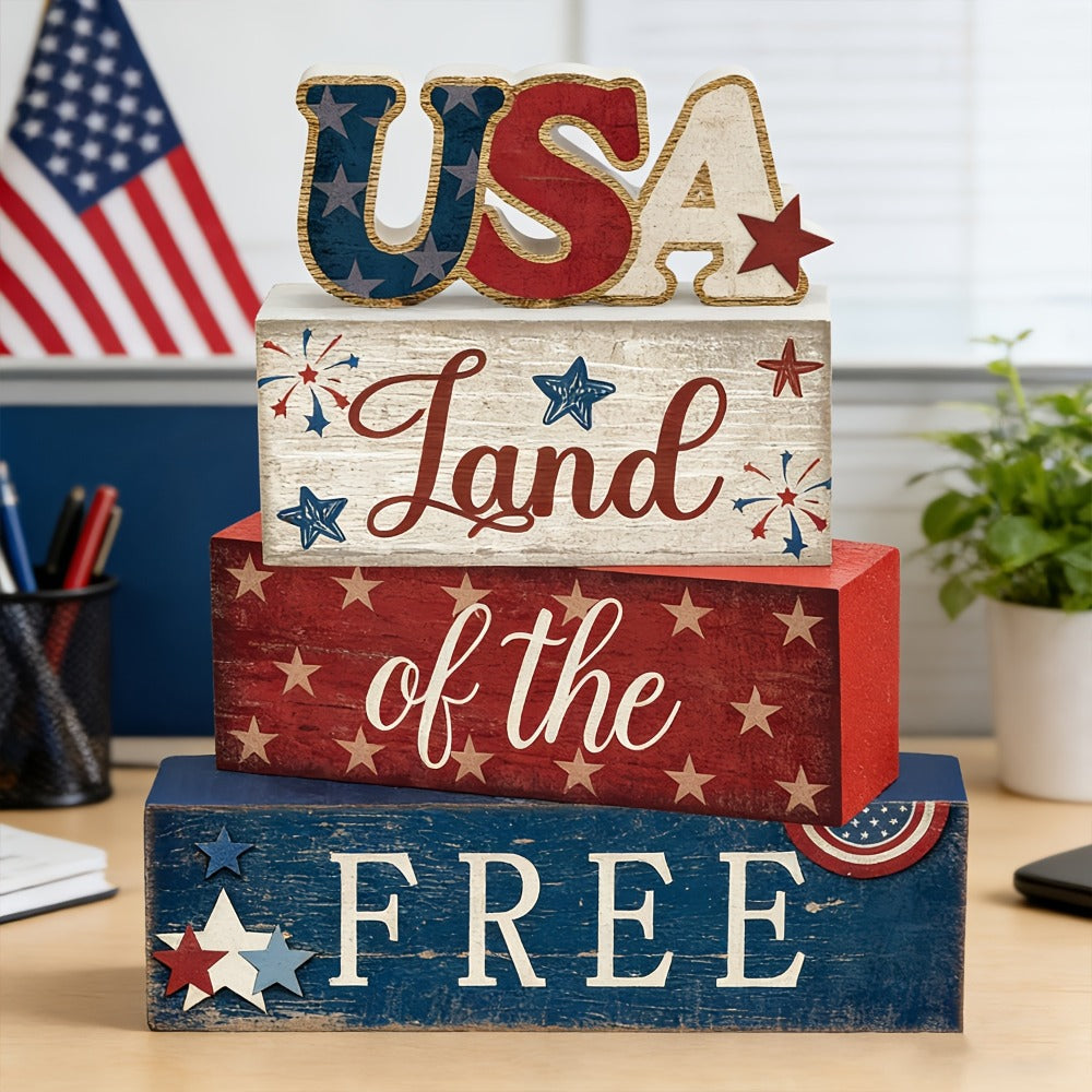 Land of the Free Patriotic Block Sign with Red, White and Blue Three-Tier Tabletop Shelf Design