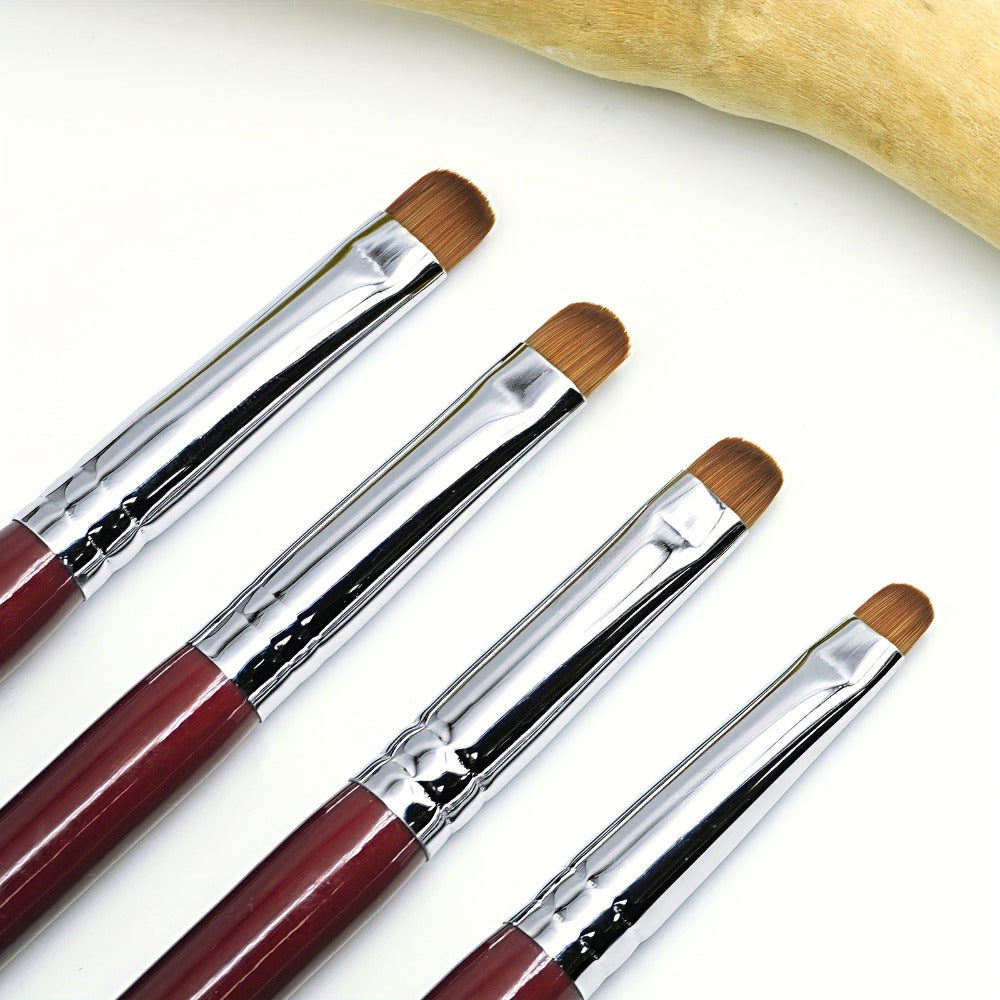 Acrylic Nail Art Brushes Set 4pcs with Dotting Pens - Red Wood Handle Precision Tips #10 #12 #14 #16 for French Manicure Nail Sculpting Cuticle Care Home Salon Women