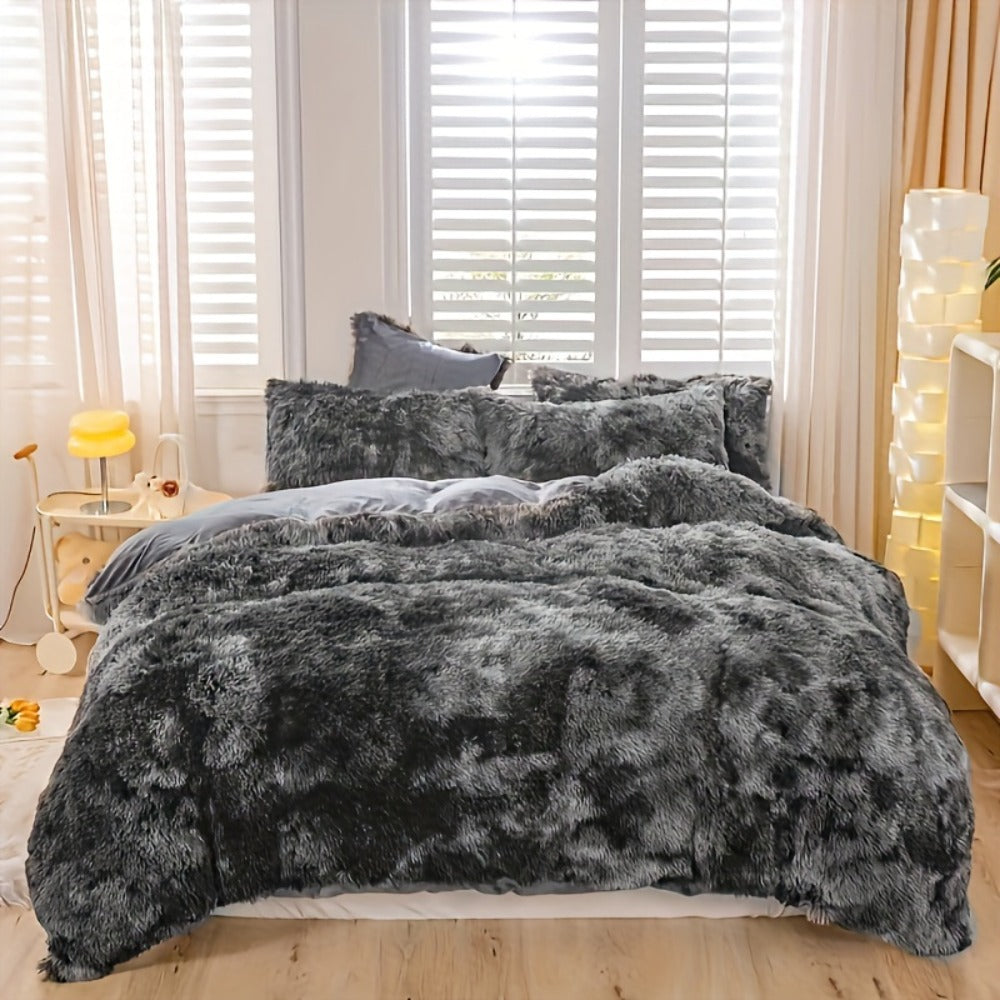 Three-Piece Plush Polyester Duvet Cover Set with Two Pillowcases in 14 Colors and Twin, Full, Queen or King Sizes