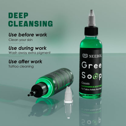 Tattoo Green Soap Concentrated Cleaning Solution 8.5oz with Squeeze Bottle Skin Prep Before During & After Tattooing Moisturizing Balm Lint-Free Wipes for Artists & PMU