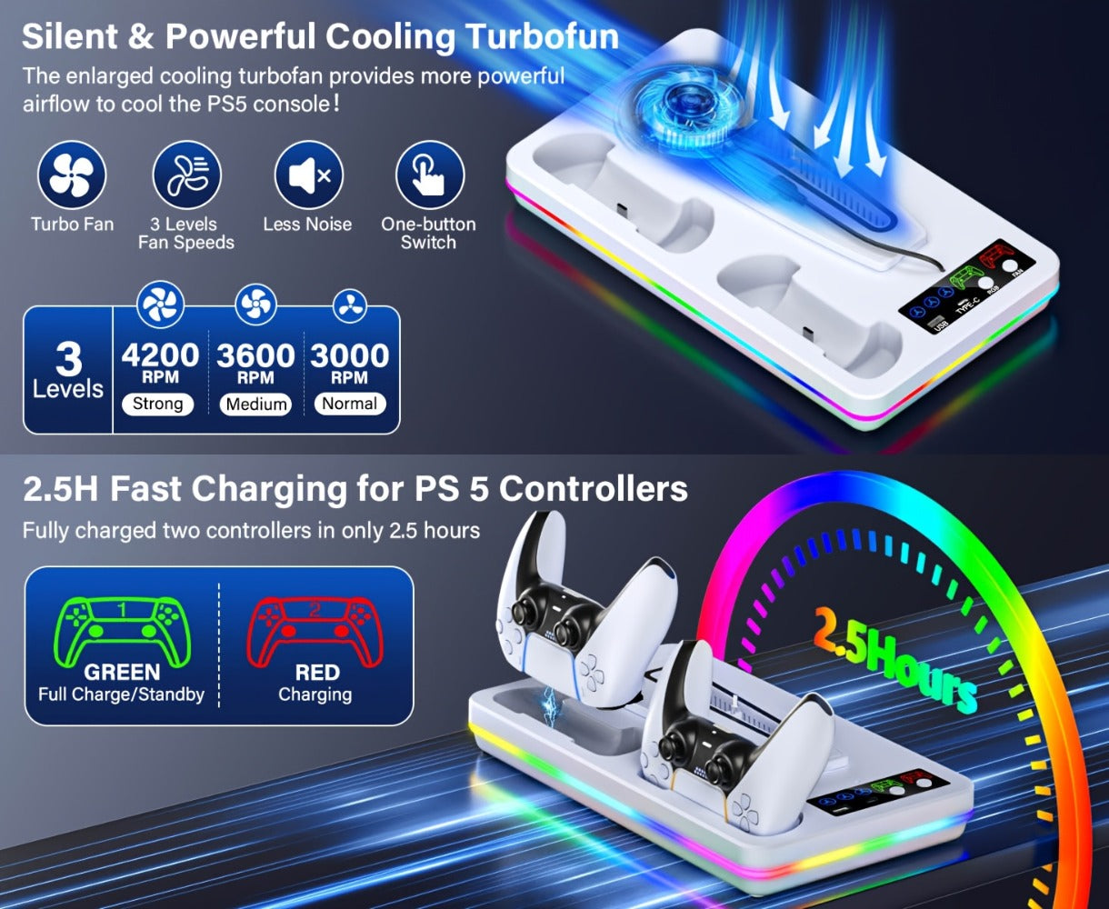 RGB Console Stand Compatible with PS5, Slim and Pro Models, Three-Speed Fan and Dual Controller Charging Dock
