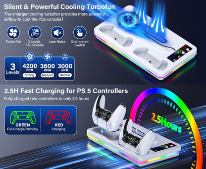 RGB Console Stand Compatible with PS5, Slim and Pro Models, Three-Speed Fan and Dual Controller Charging Dock