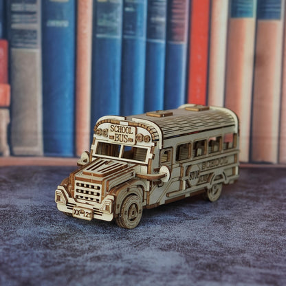 Wooden School Bus Model Kit with Laser-Cut Panels, Rolling Wheels and 20.5 cm Display Length