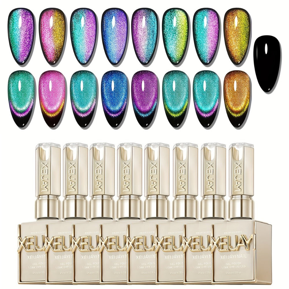 Gel Nail Polish Set with XEIJAYI Label, 8 Magnetic Cat Eye Colors, 0.51oz Bottles and Magnet Tool