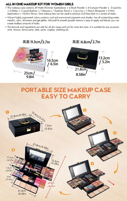 Makeup Kit 58-Color Black Mirror Case with Sliding Trays for Face, Eye and Lip Cosmetics plus Application Tools