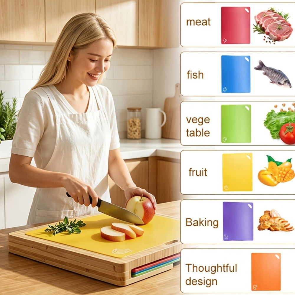 Bamboo Cutting Board Set with Six Color-Coded Flexible Prep Mats and One-Piece or Seven-Piece Options