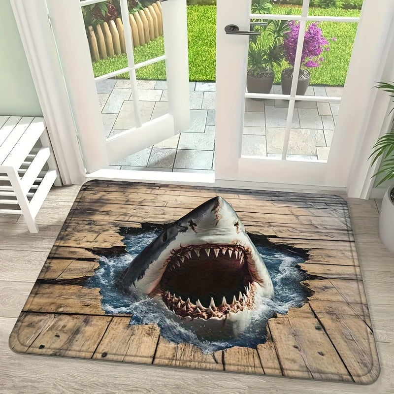 Shark Door Mat Non-Slip Washable Polyester Flannel Rug for Entryway Bathroom Bedroom Living Room Kitchen Porch Laundry RV Ocean Sea Design