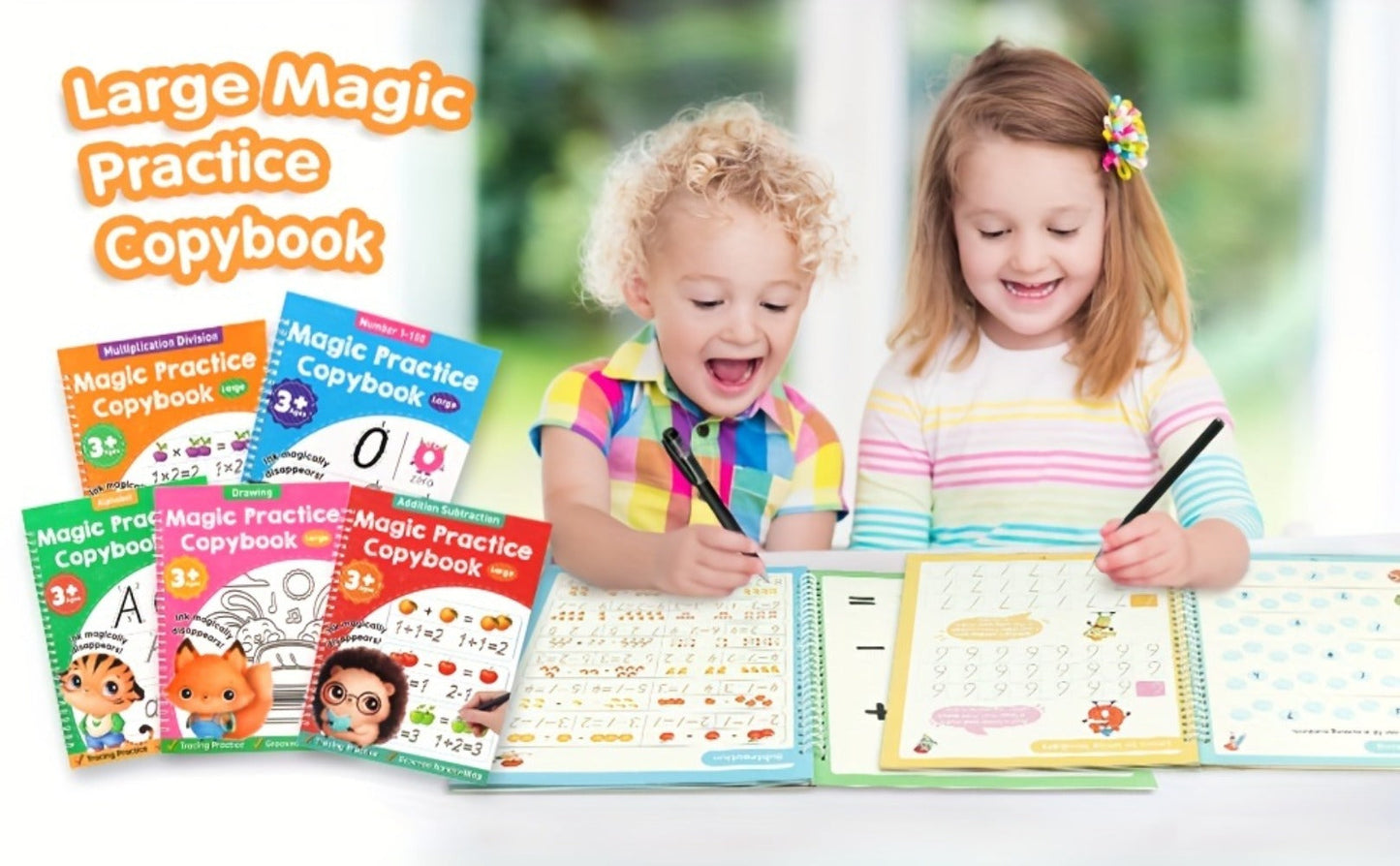 Magic Grooved Handwriting Practice Book for Kids Ages 3-8 — Reusable 5-in-1 Tracing Workbook for Letters Numbers Drawing Math, 3D Groove Pen Control Training with Grip Aids, 10.2×7.3 In