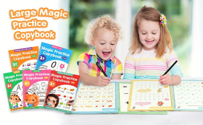 Magic Grooved Handwriting Practice Book for Kids Ages 3-8 — Reusable 5-in-1 Tracing Workbook for Letters Numbers Drawing Math, 3D Groove Pen Control Training with Grip Aids, 10.2×7.3 In