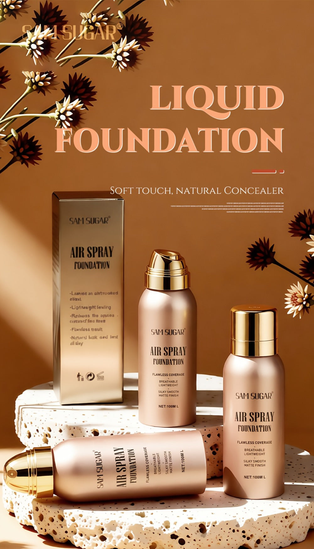 Spray-Format Face Foundation with Brush in Three Exact Numbered Checkout Shade Options for Face Makeup