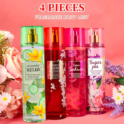Body Spray for Women 4-Pack 8.4oz Each Hair Body Fragrance Mist Set 20 Floral Fruity Scents Daily Use Gift Value Bundle 250ml Per Bottle