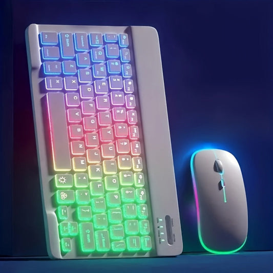 Wireless Keyboard and Mouse Combo Ultra-Thin Backlit Rechargeable Type-C Silent Keys Optical Mouse Portable for PC Laptop Tablet iPad QWERTY Layout Breathing Light Effect