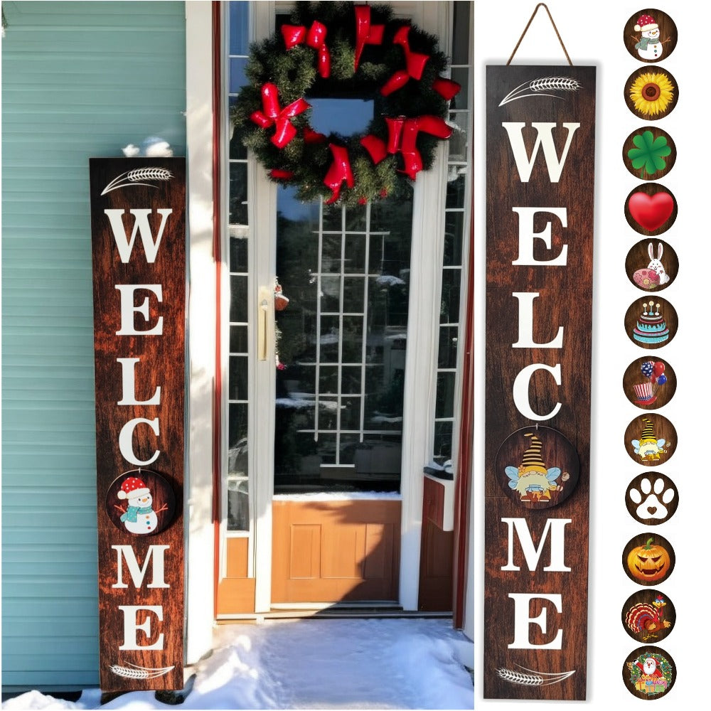 Seasonal Welcome Porch Sign with 12 Interchangeable Icons, 47-Inch Leaner Board in Six Color Options